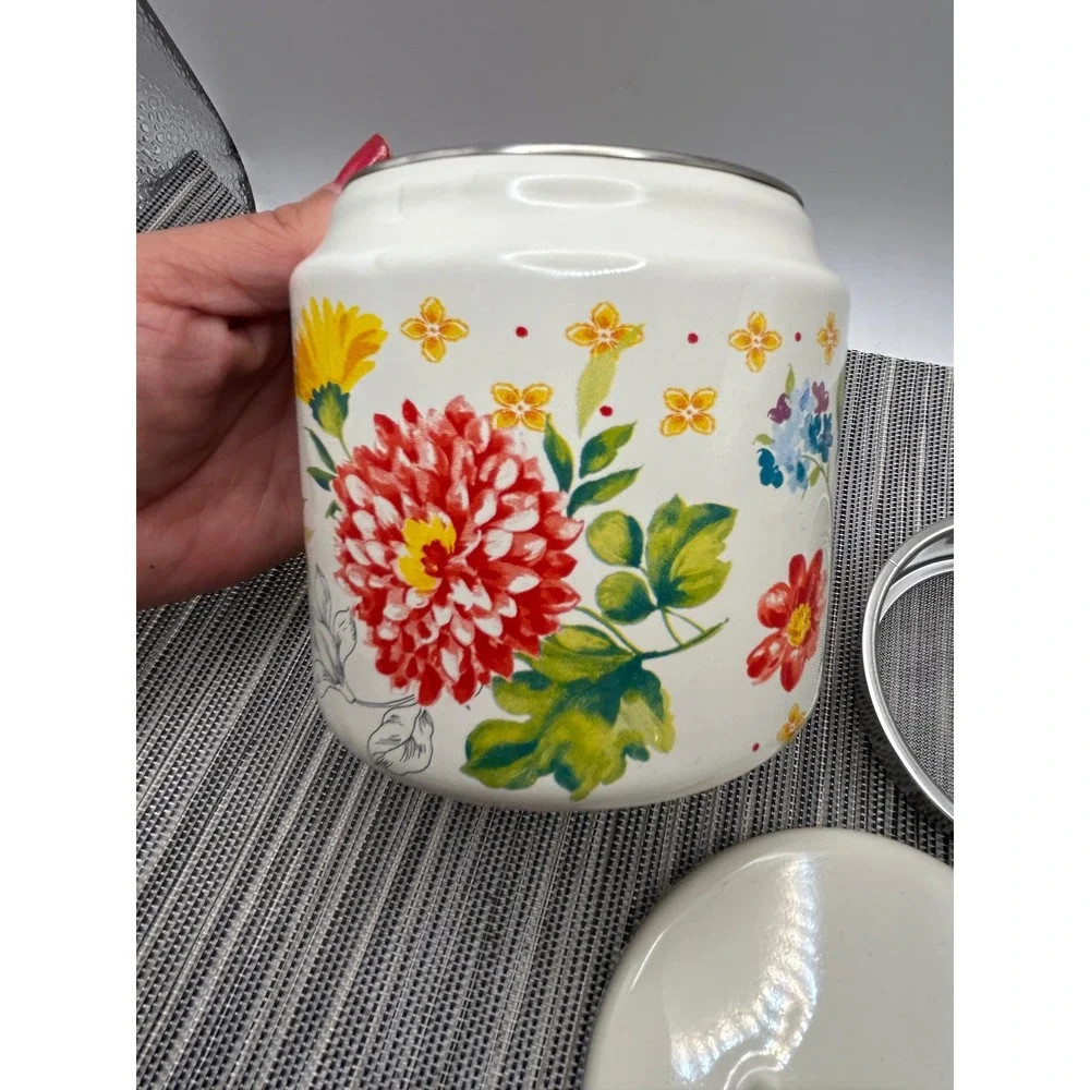 The Pioneer Woman Breezy Blossom Bacon Grease Canister Enamel Steel Strainer Lid